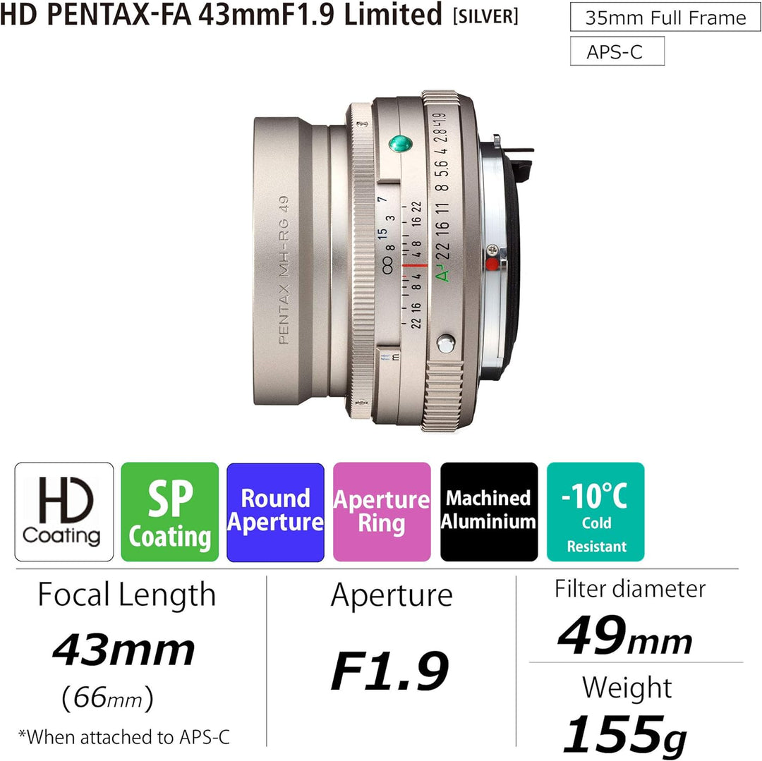 Pentax PENTAX-FA 43mmF1.8 Limited Silber Weitwinkelobjektiv mit leistungsstarker HD-Vergütung, für d
