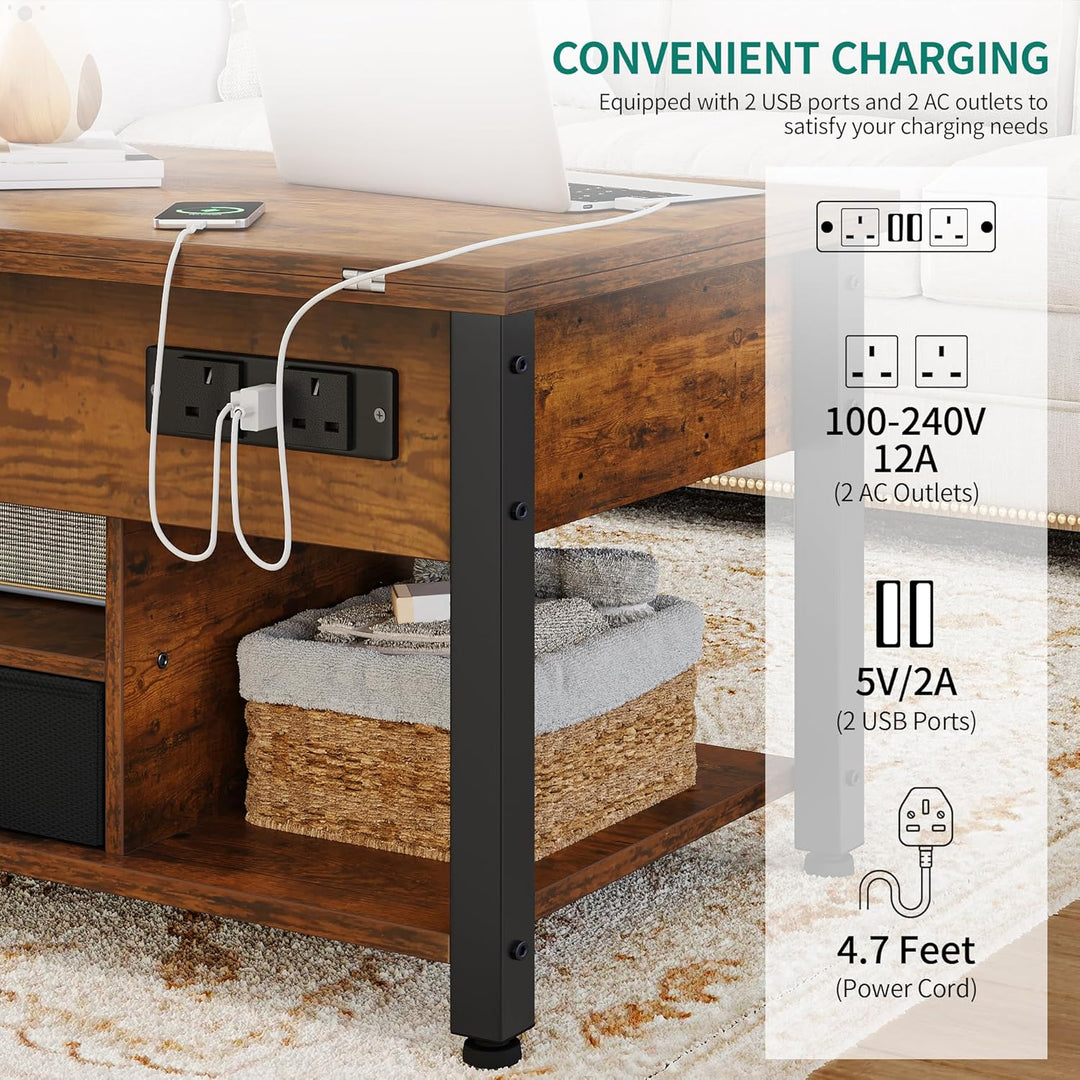 YITAHOME Couchtisch mit Höhenverstellbarer, 4-in-1-Multifunktions-Couchtisch mit Stauraum und LED Be