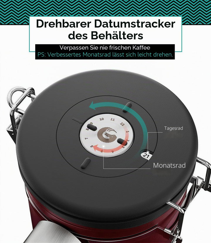 Coffee Gator Kaffeedose Edelstahl, Luftdicht Vorratsdose mit Deckel, Datum Tracker, CO2-Freigabevent
