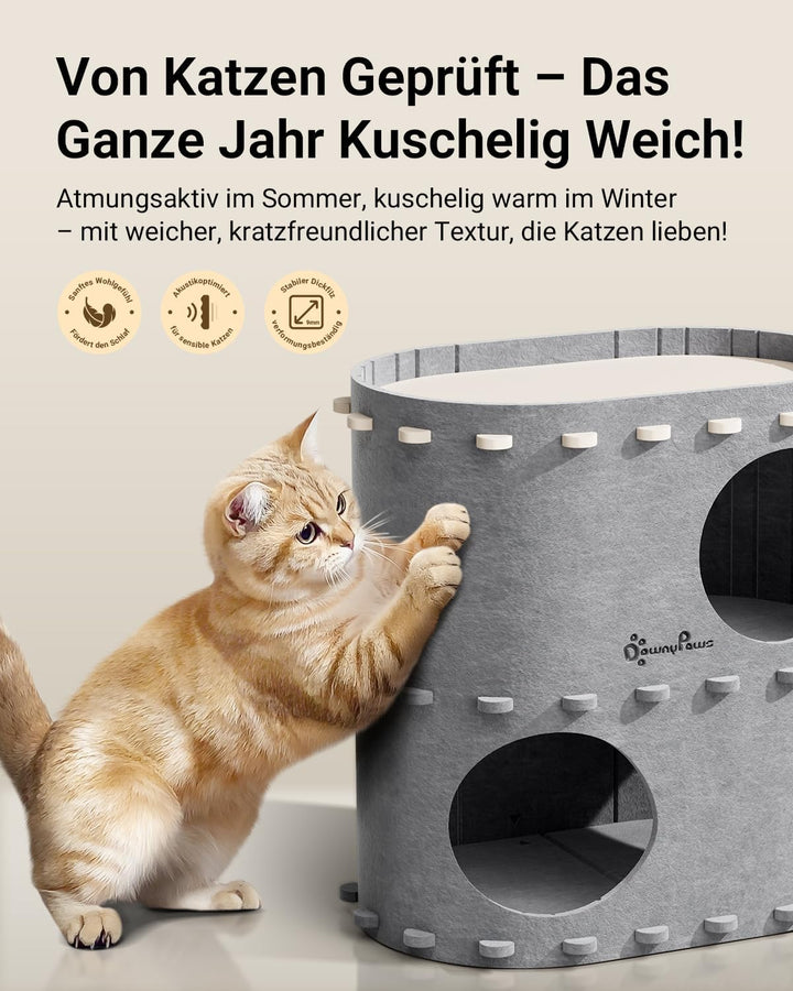 DownyPaws Katzenhöhle aus Filz, 2-stöckige Katzenbett, 50 x 33 x 50 cm Schloss Katzenhaus zum Spiele