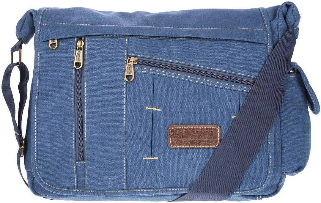 Christian Wippermann grosse XL Herren Damen Tasche Umhängetasche Canvas Messenger Bag Blau, Blau