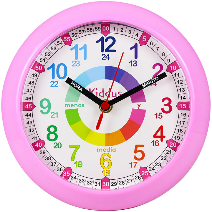 KIDDUS Wanduhr für Kinder. Analoger Zeitlehrer mit Zeitlernübungen. Stilles Uhr. Viele Sprachen. ESP