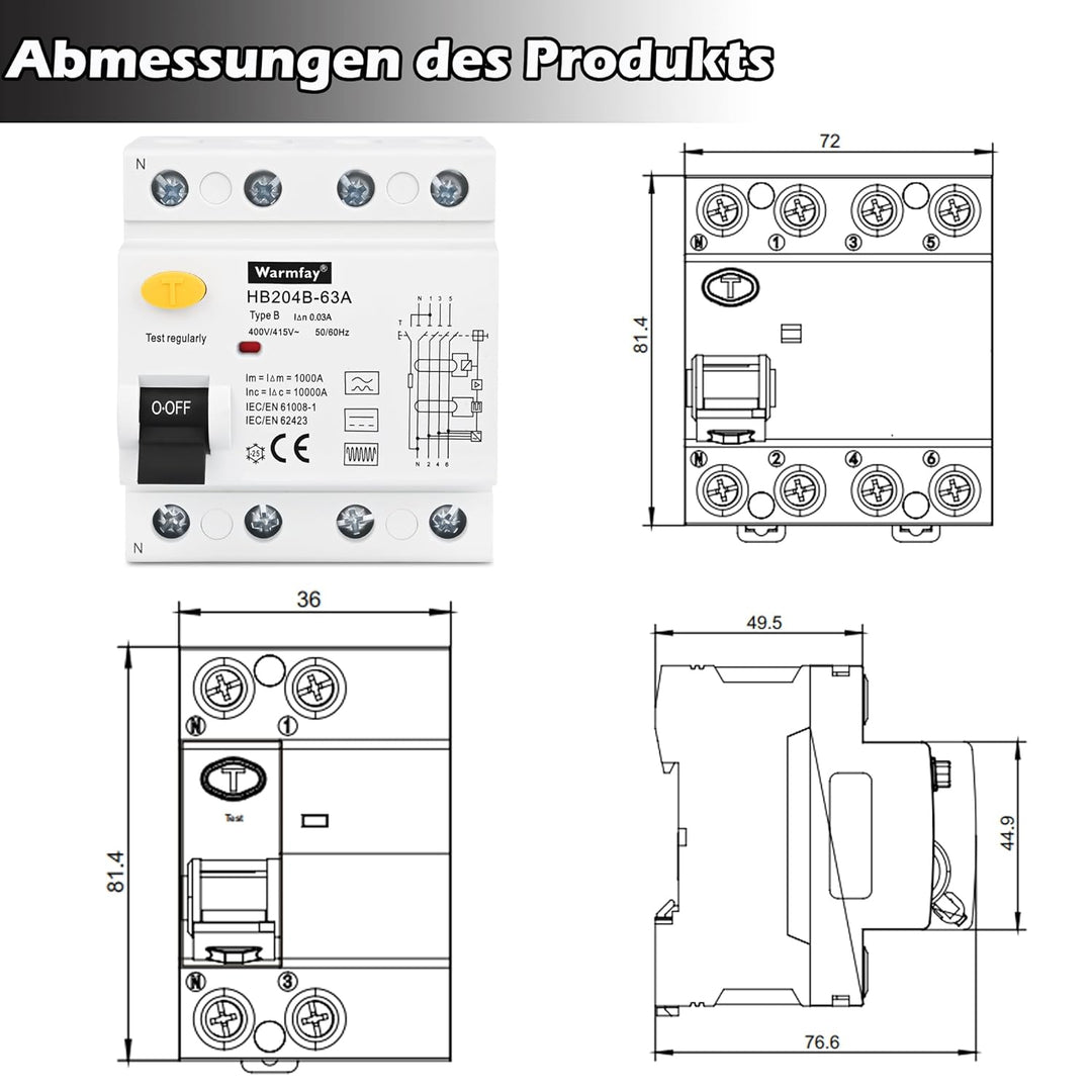 Warmfay FI Schutzschalter 63A 30mA 4 Polig, Fehlerstromschutzschalter Typ B Allstromintensiv Schalte
