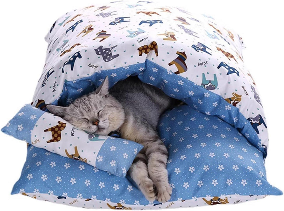 Halbgeschlossener Katzenschlafsack, selbstwärmendes Katzennestbett, Haustiermatte, Teppich mit Kisse