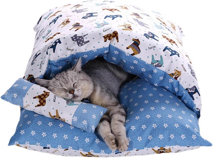 Halbgeschlossener Katzenschlafsack, selbstwärmendes Katzennestbett, Haustiermatte, Teppich mit Kisse