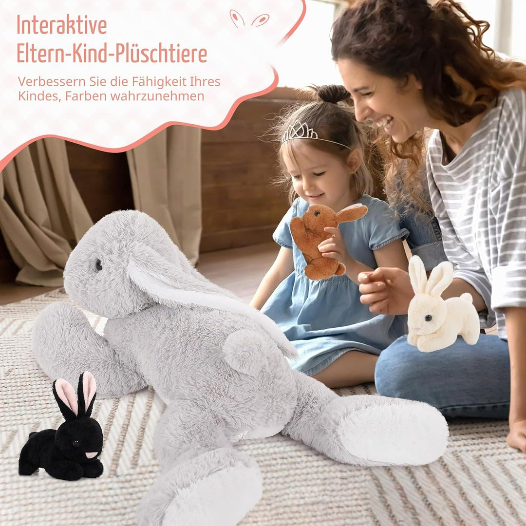 MorisMos Hase Kuscheltier XXL, 60cm Riesen Plüschtier Hase mit 3 Baby, Gross Plüschhase Stofftier We