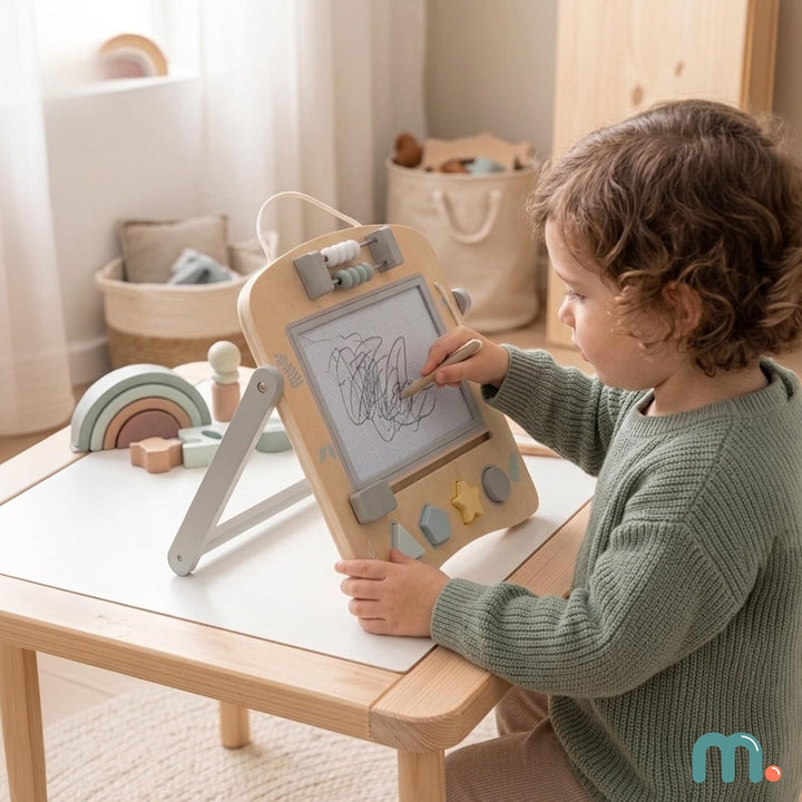 Mamabrum Holz-Lerntafel 2in1 für Kinder, Doppelseitige Magnettafel mit Formensorter, Abakus und Uhr