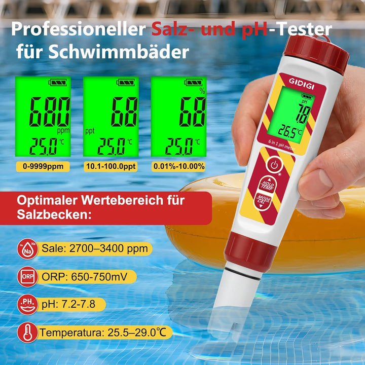 6-in-1 Digitaler Wasserqualitätstester für Pools und Hydrokulturen, pH/ORP/TDS/EC/Salzgehalt/Tempera