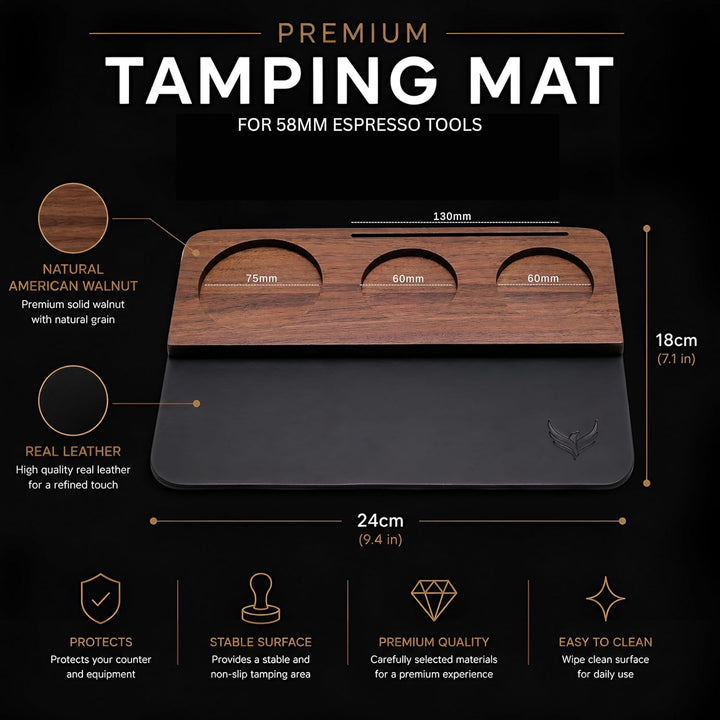 58mm Tampermatte Walnuss und Leder – Espresso Tamping Matte für Siebträgermaschine Barista Organizer