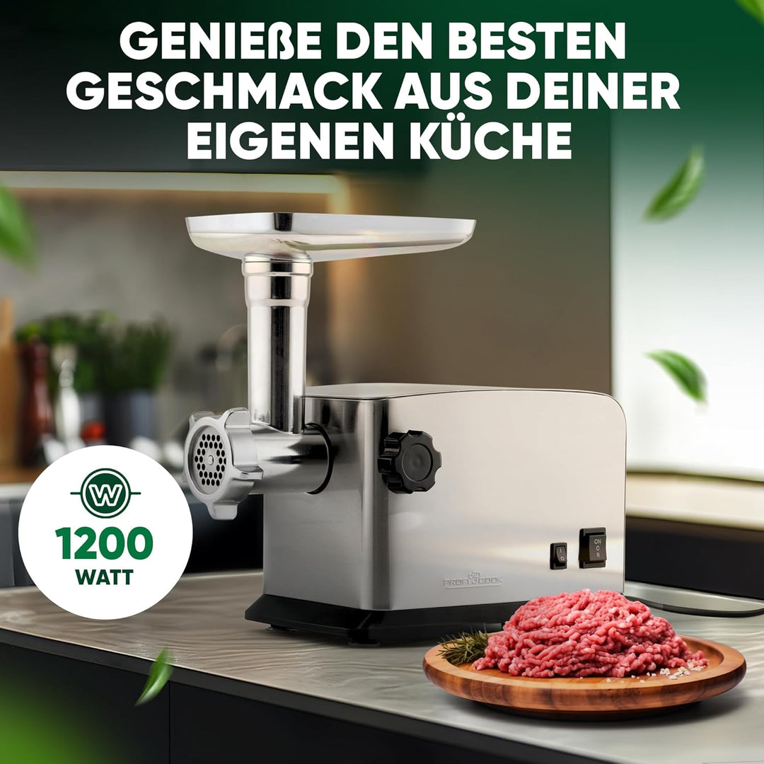 ProfiCook Fleischwolf 1200W | mit Aufsatz für Plätzchen/Spritzgebäck | Fleischwolf elektrisch | 3 Me
