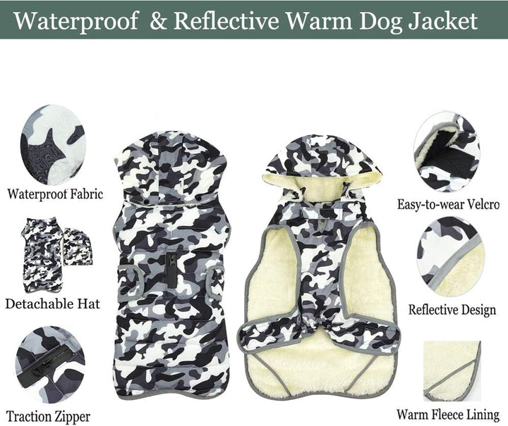 Winter Hundejacke with Abnehmbarem Hut, Hundemantel Wasserdicht Reflektierend Hund Mantel Warme Hood