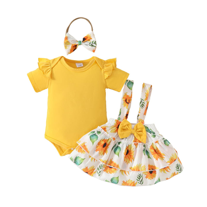 Neugeborenes Baby Mädchen Röcke Sets Kurzarm Rüschen Top + Bedrucktes Overalls Hosenträger Kleid + S