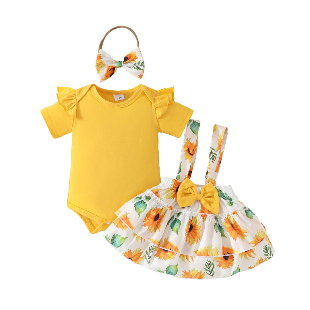 Neugeborenes Baby Mädchen Röcke Sets Kurzarm Rüschen Top + Bedrucktes Overalls Hosenträger Kleid + S