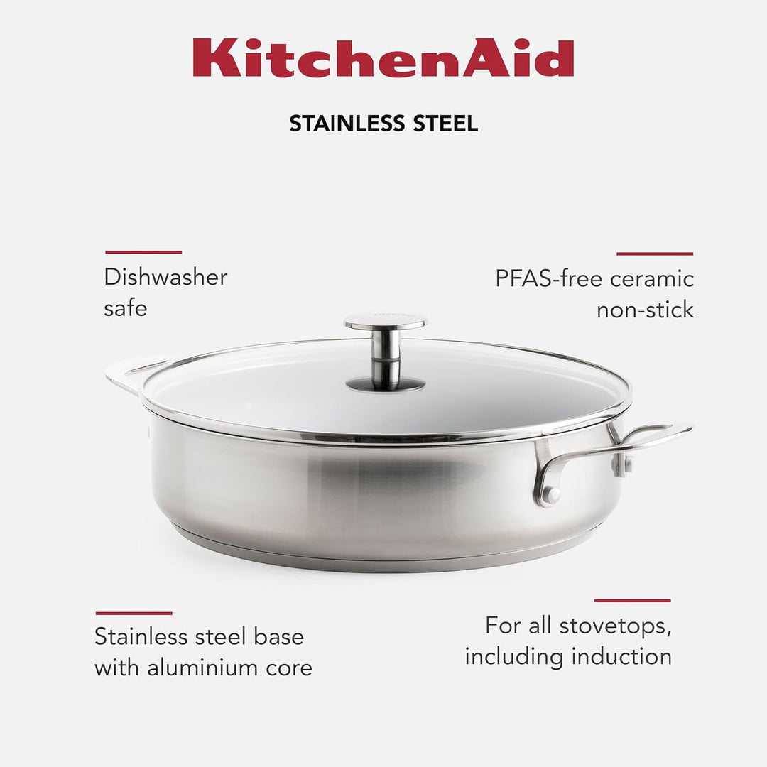 KitchenAid Stainless Steel Schmorpfanne (28cm/4,3l), PFAS-freie keramische Antihaftbeschichtung, bes