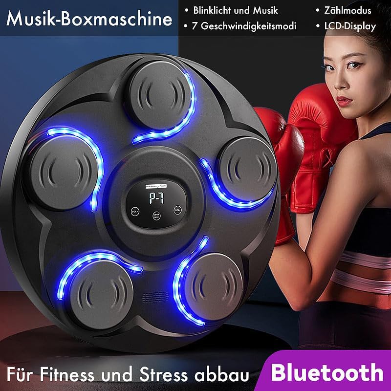 PEARL Sports Boxmaschine Erwachsene: Musik-Boxmaschine, 7 Schlagtakte, Zählmodus, LEDs, Display, BT,