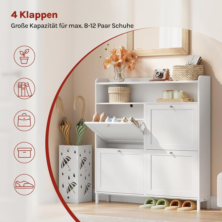 WOLTU Schuhschrank mit 4 Klappen, Schuhregal Schuhkipper schmal, Platzsparend & Robust, für 8-12 Paa