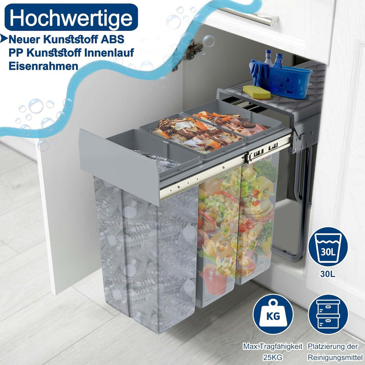 3 Fächer Einbaumülleimer System 3x10 Liter, Abfallsammler Ausziehbarer Mülleimer mit Teleskopschiene