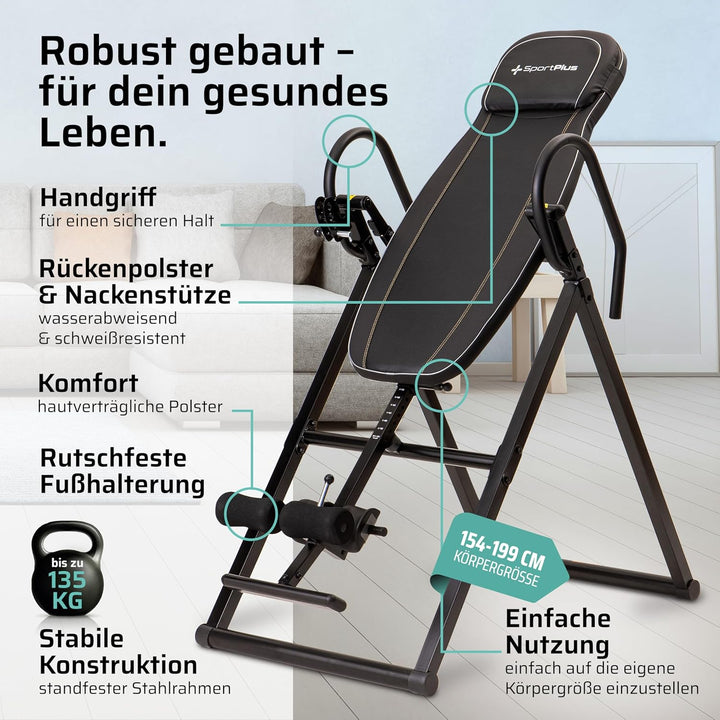 SportPlus Inversionsbank, klappbarer Schwerkrafttrainer, Inversion Table mit 4 oder 6 Inversionswink