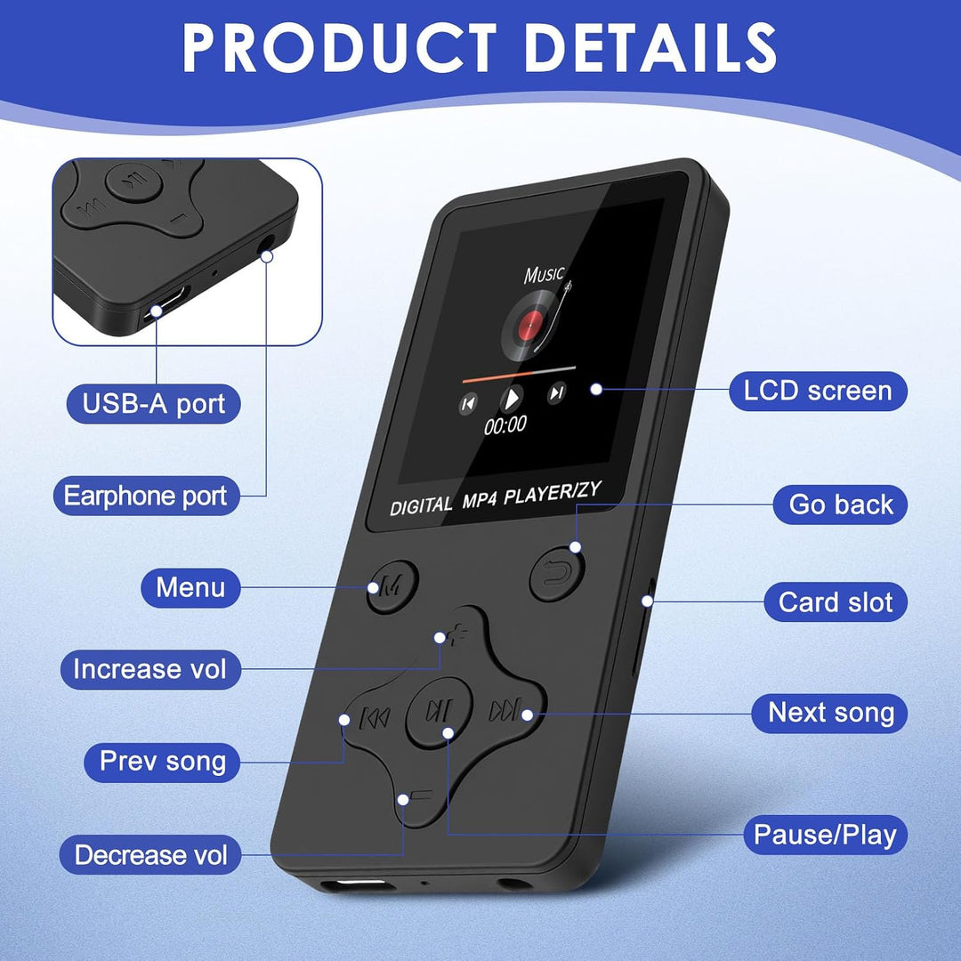 MP3 Player Bluetooth 5.3 mit 32GB Speicherkarte, Tragbarer Musikplayer mit 1,8 Zoll TFT Display, Lau