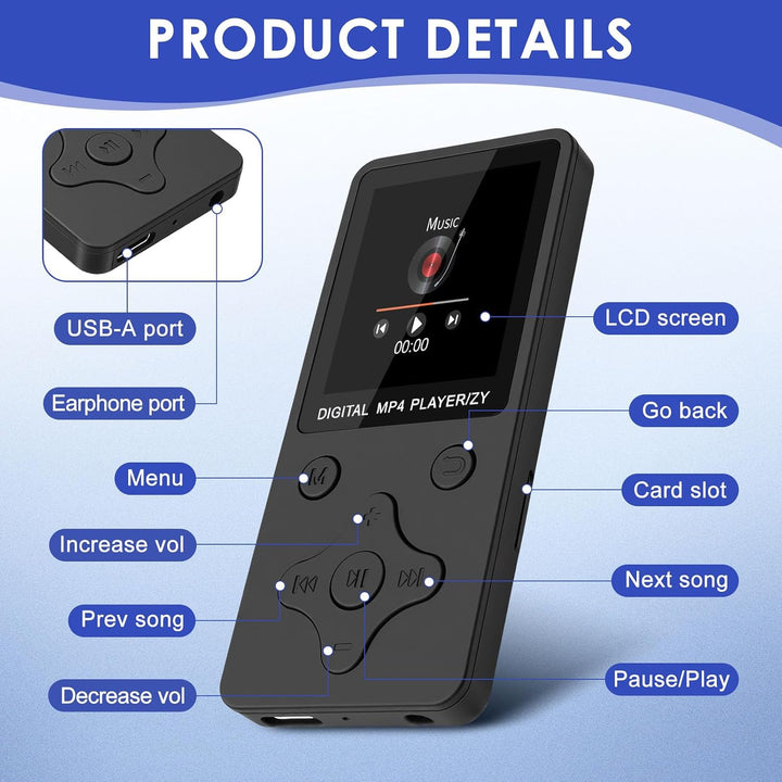 MP3 Player Bluetooth 5.3 mit 32GB Speicherkarte, Tragbarer Musikplayer mit 1,8 Zoll TFT Display, Lau