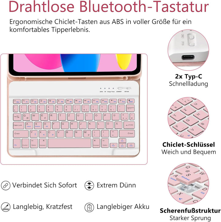 TQQ Hülle mit Tastatur für iPad A16 11 Generation 2025/10 Generation 2022(11/10.9 Zoll), Abnehmbare