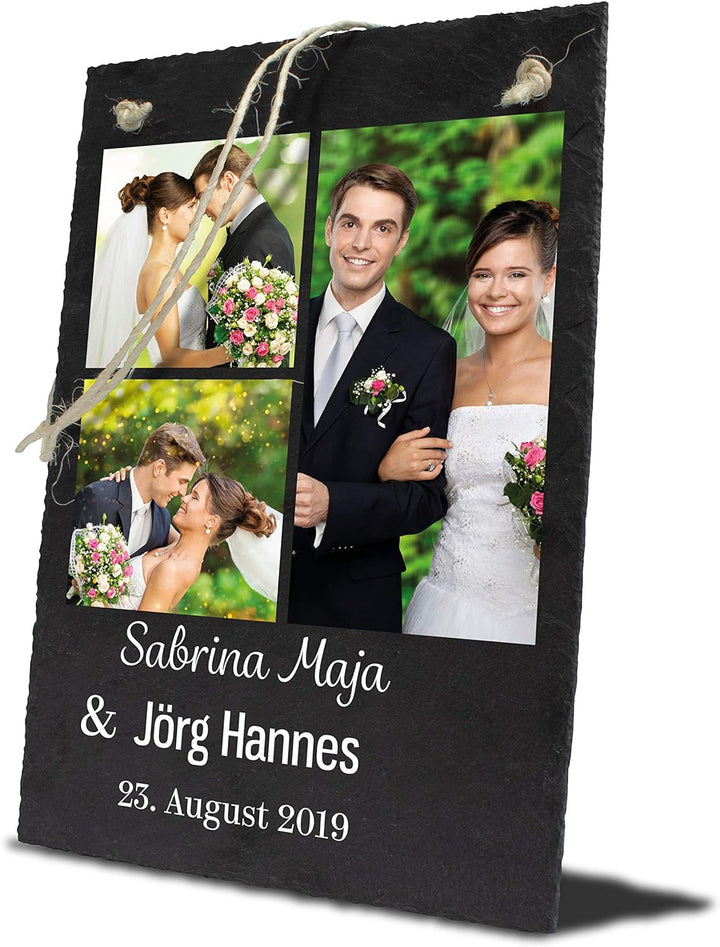 wandmotiv24 Schiefertafel Hochzeit, Aufhängeschild mit Strick, Personalisierbar Digitaldruck 3 Farbf