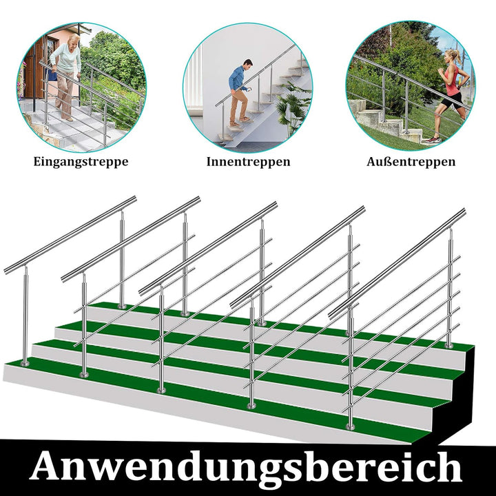 NAIZY Edelstahl-Handlauf Geländer Treppengeländer mit 2 Pfosten für Balkon Treppen Innen und Aussen