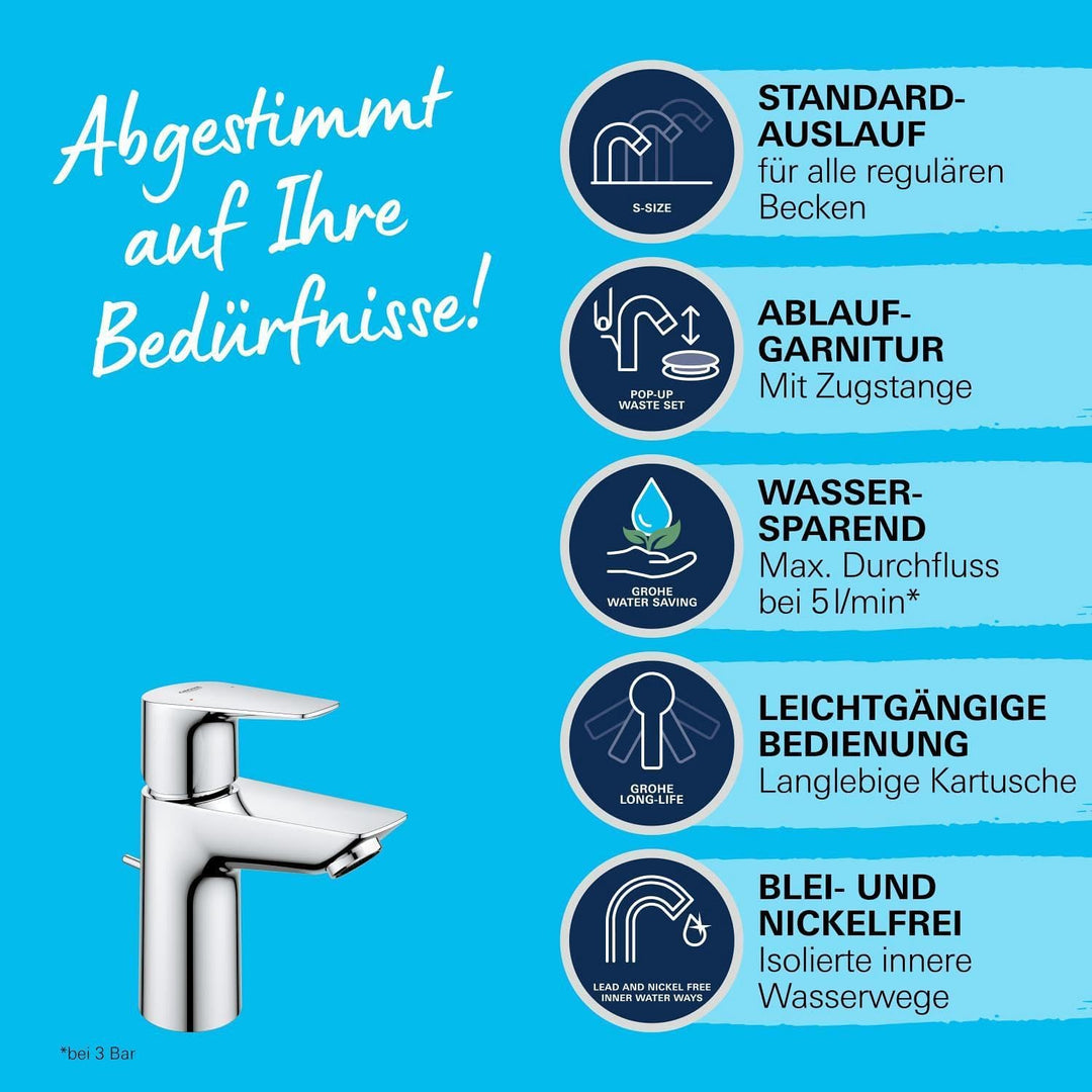 GROHE StartEdge - Einhand- Waschtischarmatur (wassersparend, S- Size, schnelle Montage, flexibler An