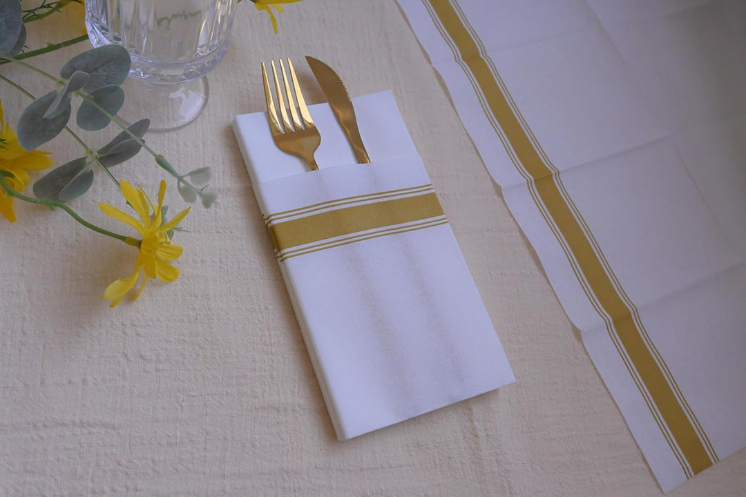 DADAWU Einweg-Servietten, Stoff, wie mit integrierter Bestecktasche, Hochzeit, Party, Leinengefühl,