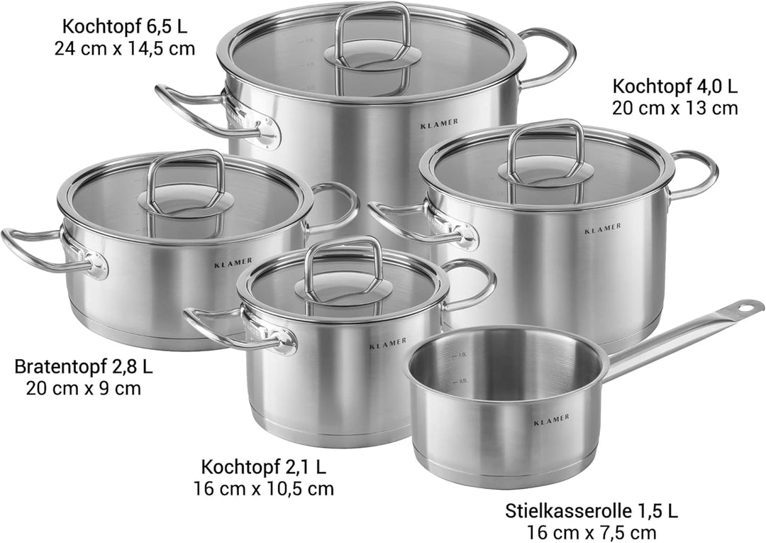 KLAMER Premium Edelstahl Kochtopf-Set mit Glasdeckel, Töpfe Set unbeschichtet, Induktionstöpfe-Set (