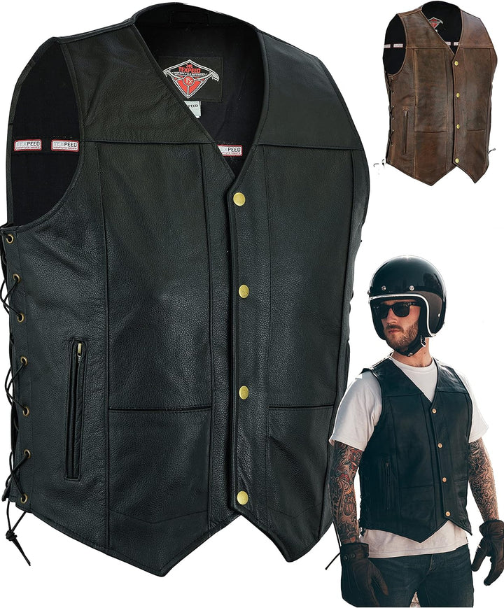TEXPEED motorrad leder weste herren - Chopper biker rocker lederweste - Reissverschlusstaschen mit g