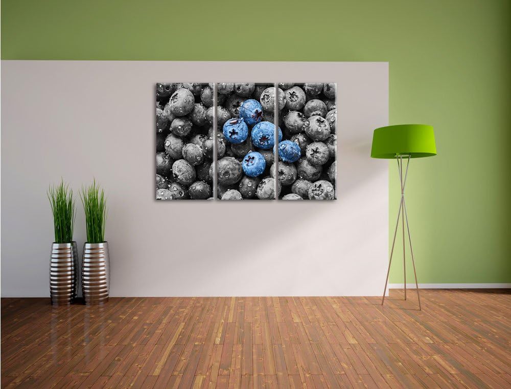 Pixxprint Blaubeeren mit Wassertropfen B&W Detail 3-Teiler Leinwandbild 120x80 Bild auf Leinwand