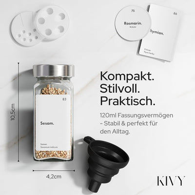 KIVY Gewürzregal mit Gläsern | inkl. 24 Gewürzgläser mit Etiketten - Verstellbare Breite - Gewürz Or