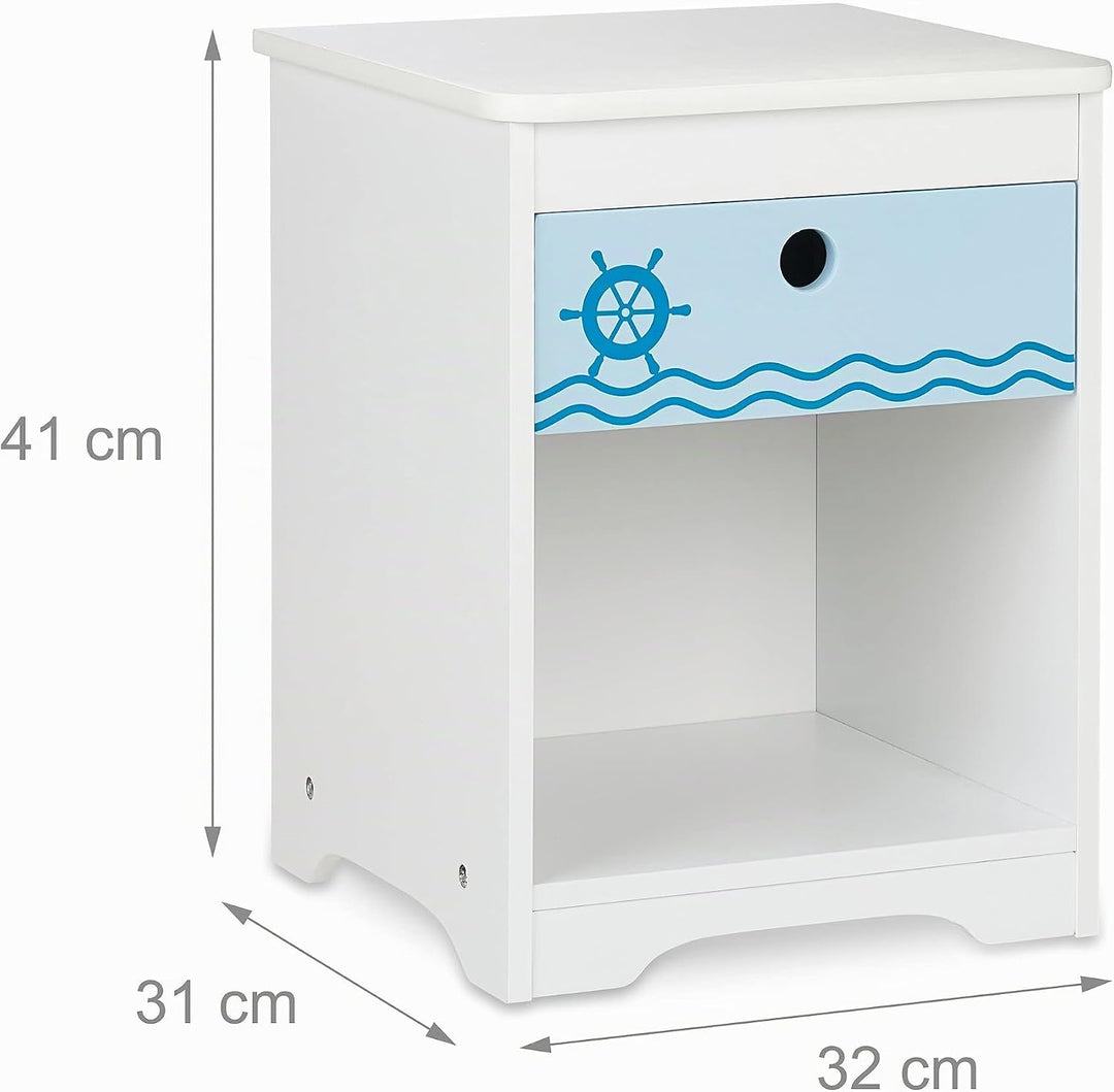 Relaxdays Nachttisch Kinder, Seemann-Design, Schublade &amp; Staufach, Kinderzimmer Kommode, HBT: 41 x 3