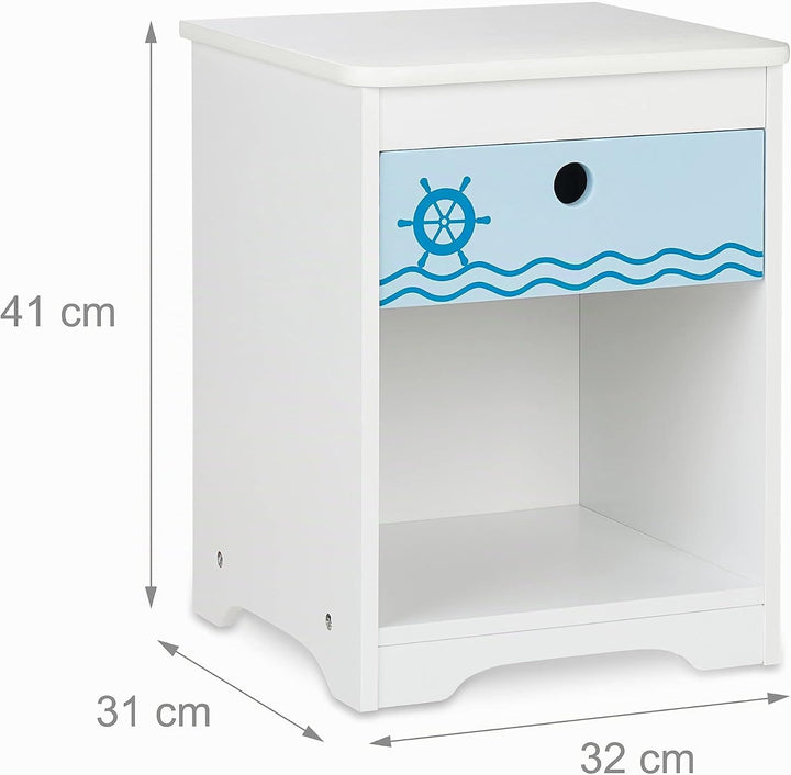 Relaxdays Nachttisch Kinder, Seemann-Design, Schublade &amp; Staufach, Kinderzimmer Kommode, HBT: 41 x 3