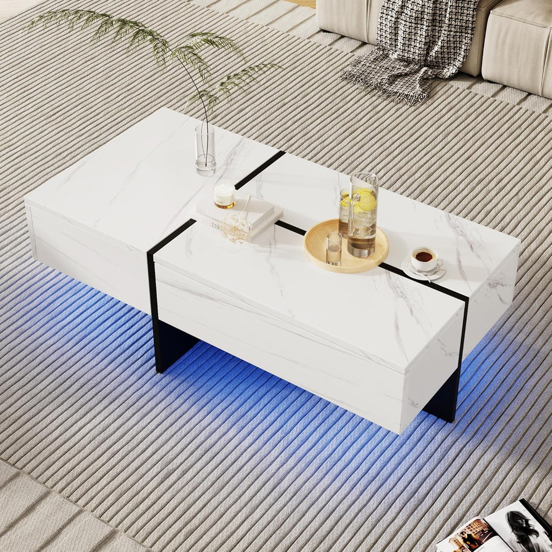 Merax Moderner LED Couchtisch, Wohnzimmertisch mit 3 Schubladen, Hochglänzender Couchtisch, Struktur