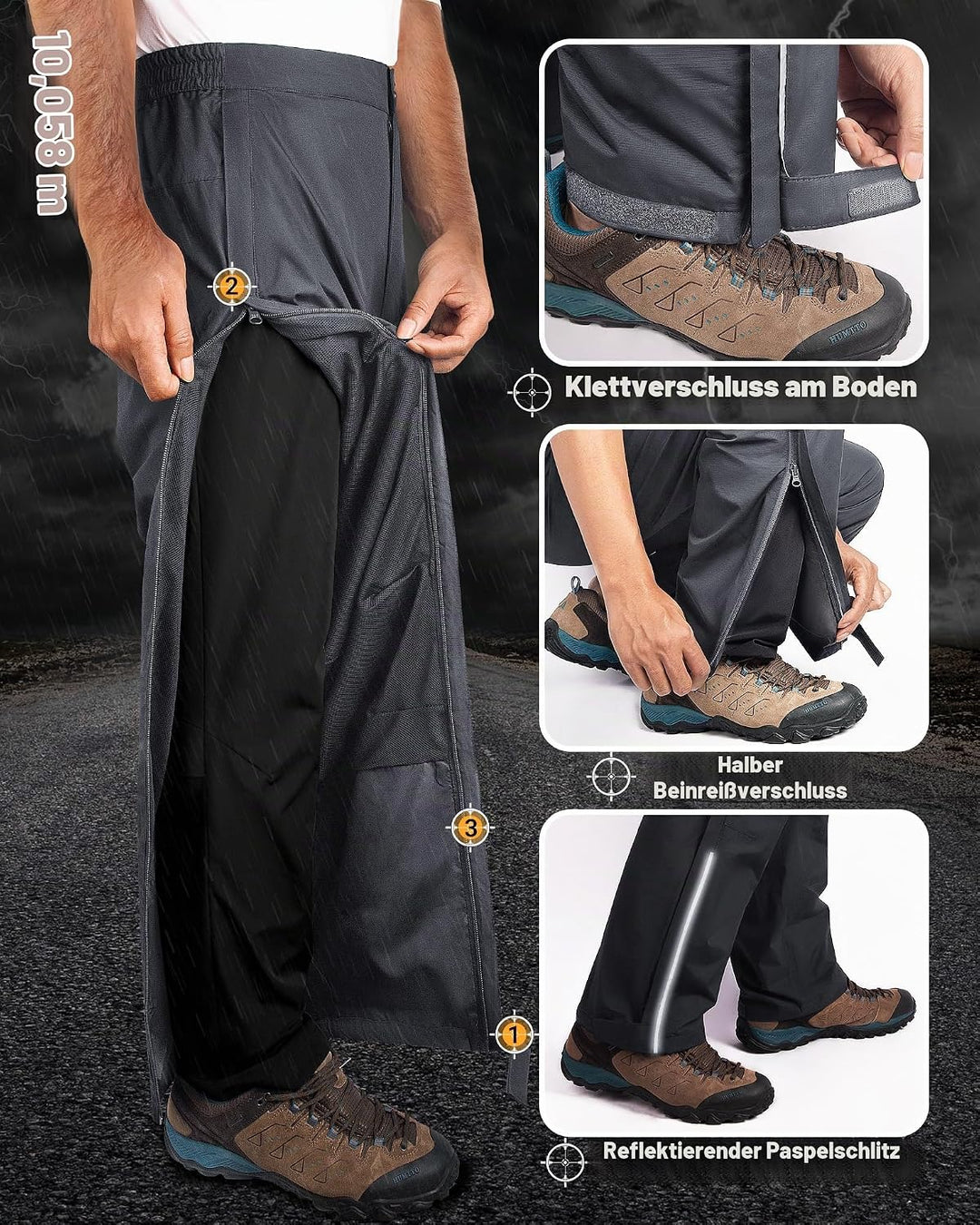 33,000ft Regenhose Herren Wasserdicht Full Zip Wanderhose, Atmungsaktiv 2-Lagen Überziehhose Fahrrad