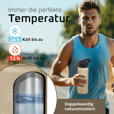 Trinkflasche Edelstahl ACTIVE FLASK + Strohhalm (3 Deckel) BPA-frei, Auslaufsicher, Kohlensäure geei