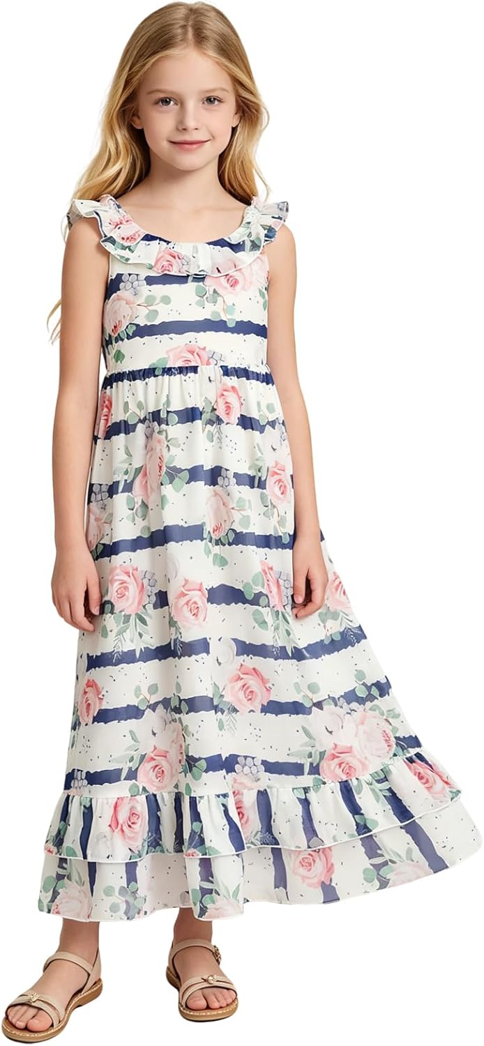 BONNY BILLY Mädchen Kleider Blumen Boho Sommerkleid Strandkleid Chiffonkleid Maxikleid mit Rüschen 7