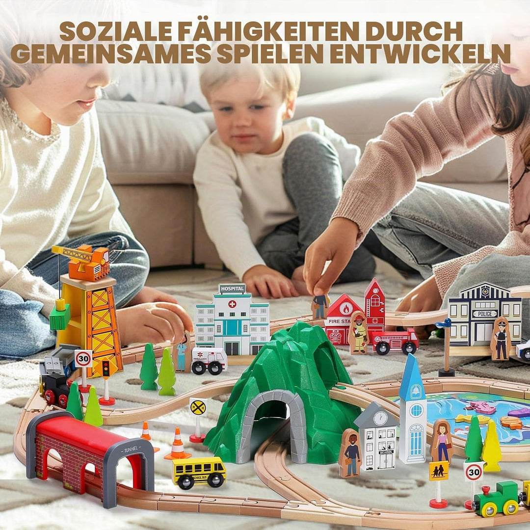 SainSmart Jr. Holzeisenbahn Set 112 Teile, Brücke &amp; Tunnel, Kompatibel Brio