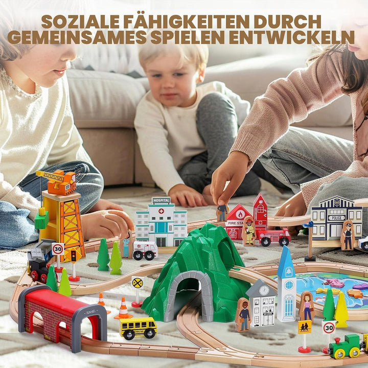 SainSmart Jr. Holzeisenbahn Set 112 Teile, Brücke &amp; Tunnel, Kompatibel Brio