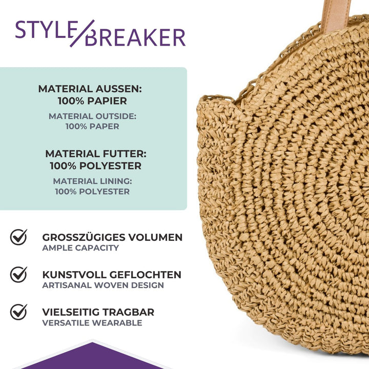 styleBREAKER runde Korbflecht Schultertasche, Strandtasche mit langen Henkeln, Flechttasche, Tasche