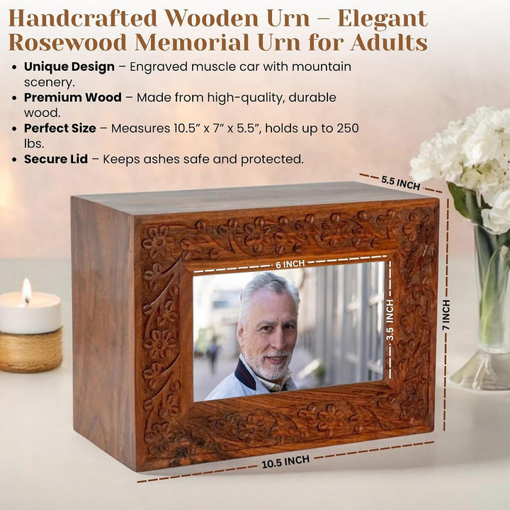 Rosewood Border Gravierte Holzurne für menschliche Asche Erwachsene – Handgefertigte Foto-Beerdigung