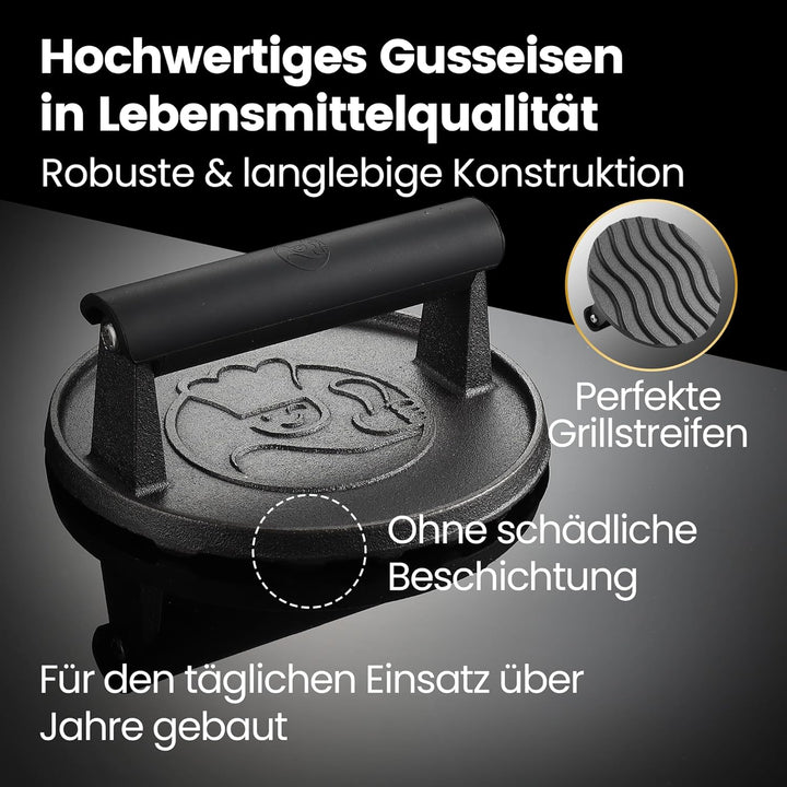 Burgerpresse Gusseisen antihaft | Grosser Burger Smasher (Ø15cm) mit hitzeabweisendem Griff | Fleisc