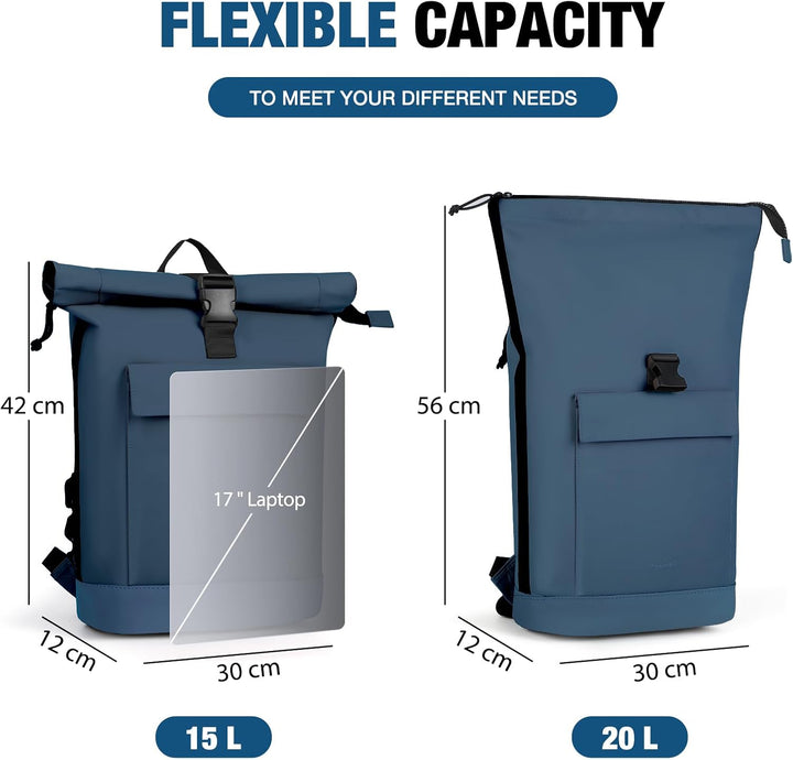 Lekeinchi Rolltop Rucksack Damen & Herren, Elegant Laptop Rucksack Wasserdicht mit 17 Zoll Laptopfac