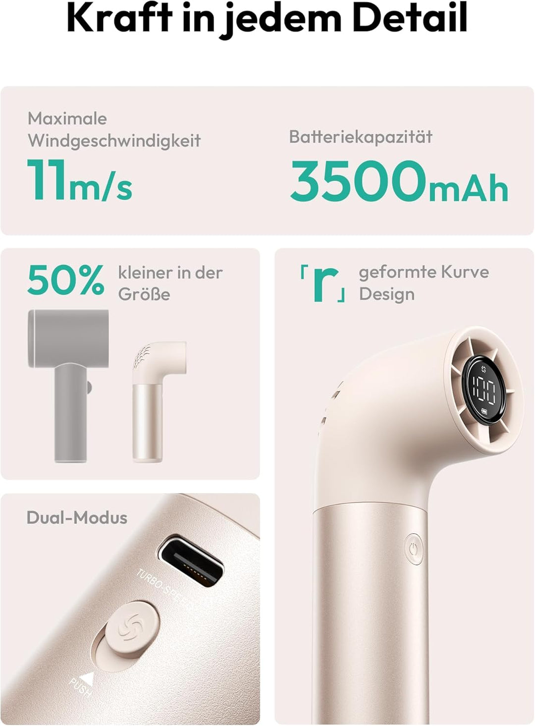 Aecooly Tragbarer Handventilator, Leistungsstarker Turbo-Lüfter mit 19000 U/min, Aero Pro, Bis zu 15