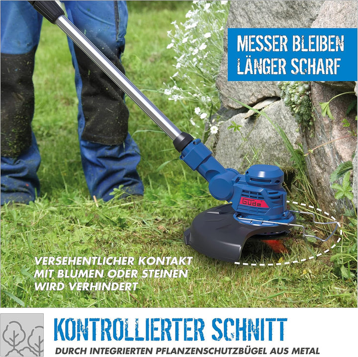 Güde 58599 Akku Rasentrimmer RT 18-0 (Inkl. 20 Ersatzmesser, 180° drehbarer Trimmerkopf, Pflanzensch