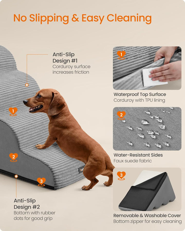 Feandrea Hundetreppe, 4 Stufen, Haustiertreppe, für kleine Hunde, Bett, Sofa, wasserdichte Katzentre