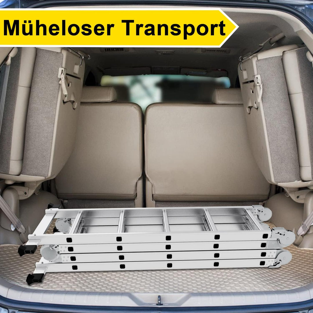 Ikodm 4x4 Stufen Mehrzweckleiter 4,7 m 7 in 1 Aluminium Multifunktionsleiter bis 150 kg mit 2 Transp