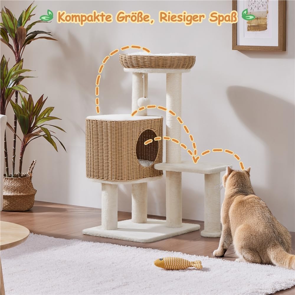 Yaheetech Kratzbaum Rattan Kletterbaum für grosse Katze bis 10 Kg, Stabiler Katzenbaum 91cm mit gros